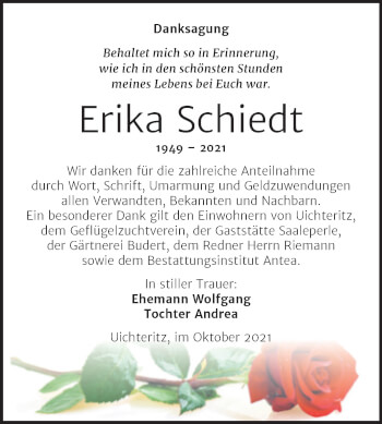 Traueranzeige von Erika Schiedt von Trauerkombi Weißenfels