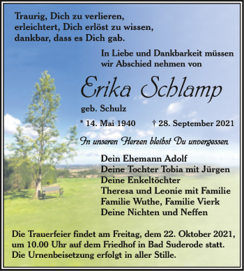 Traueranzeige von Erika Schlamp von Trauerkombi Quedlinburg