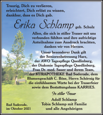 Traueranzeige von Erika Schlamp von Trauerkombi Quedlinburg