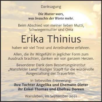 Traueranzeige von Erika Thinius von Trauerkombi Mansfelder Land