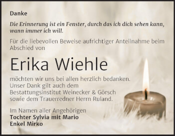 Traueranzeige von Erika Wiehle von Trauerkombi Bernburg