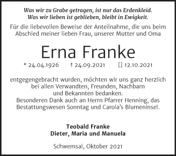 Traueranzeige von Erna Franke von Trauerkombi Bitterfeld