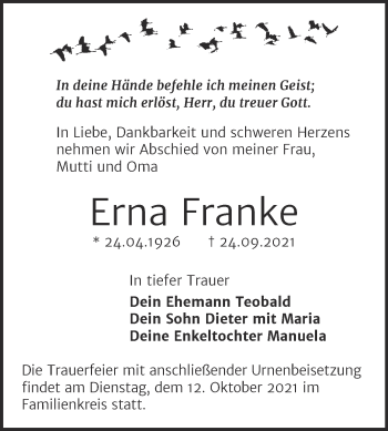 Traueranzeige von Erna Franke von Trauerkombi Bitterfeld