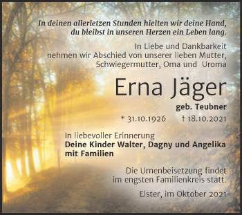 Traueranzeige von Erna Jäger von Trauerkombi Wittenberg