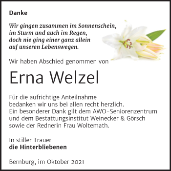 Traueranzeige von Erna Welzel von Trauerkombi Bernburg