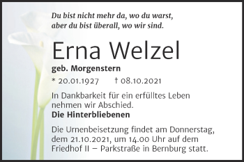 Traueranzeige von Erna Welzel von Trauerkombi Bernburg