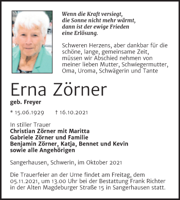 Traueranzeige von Erna Zörner von Trauerkombi Sangerhausen