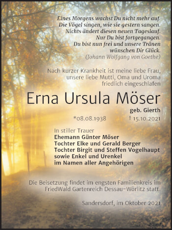 Traueranzeige von Erna Ursula Möser von Trauerkombi Bitterfeld