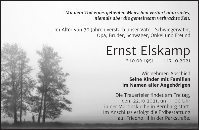  Traueranzeige für Ernst Elskamp vom 19.10.2021 aus Mitteldeutsche Zeitung Bernburg