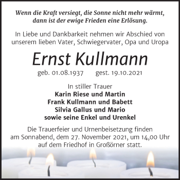 Traueranzeige von Ernst Kullmann von Trauerkombi Mansfelder Land