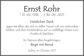 Traueranzeige von Ernst Rohr von Trauerkombi Sangerhausen