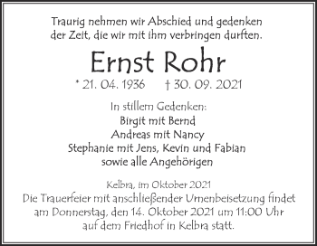 Traueranzeige von Ernst Rohr von Trauerkombi Sangerhausen