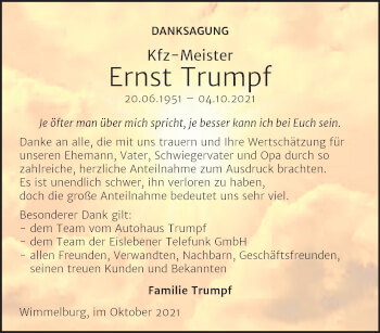 Traueranzeige von Ernst Trumpf von Super Sonntag Mansfelder Land