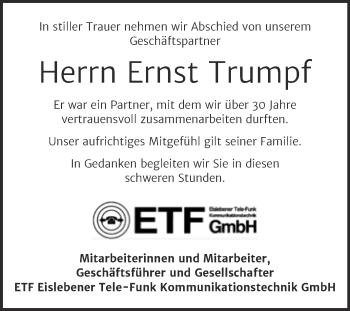 Traueranzeige von Ernst Trumpf von Wochenspiegel Mansfelder Land