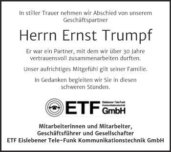 Traueranzeige von Ernst Trumpf von Mitteldeutsche Zeitung Mansfelder Land