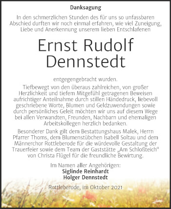 Traueranzeige von Ernst Rudolf Dennstedt von Trauerkombi Sangerhausen