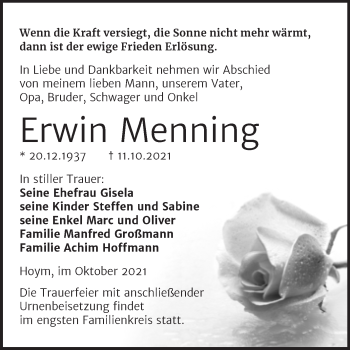 Traueranzeige von Erwin Menning von Trauerkombi Aschersleben