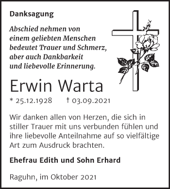 Traueranzeige von Erwin Warta von Trauerkombi Bitterfeld