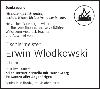 Traueranzeige von Erwin Wlodkowski von Wochenspiegel Naumburg/Nebra