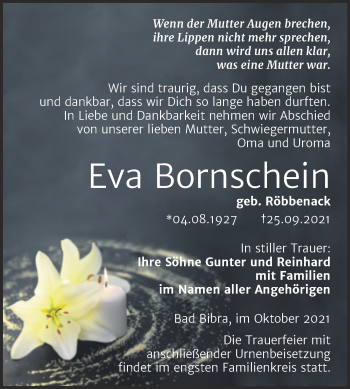 Traueranzeige von Eva Bornschein von Wochenspiegel Naumburg/Nebra