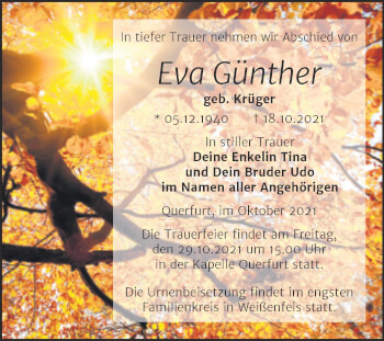 Traueranzeige von Eva Günther von Trauerkombi Merseburg