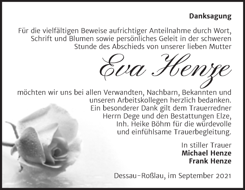  Traueranzeige für Eva Henze vom 02.10.2021 aus Trauerkombi Dessau