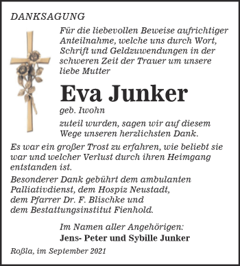 Traueranzeige von Eva Junker von Trauerkombi Sangerhausen