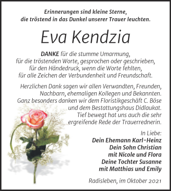 Traueranzeige von Eva Kendzia von Trauerkombi Quedlinburg
