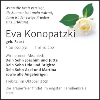 Traueranzeige von Eva Konopatzki von Trauerkombi Wittenberg
