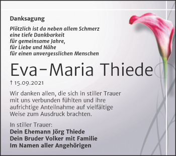 Traueranzeige von Eva-Maria Thiede von Trauerkombi Mansfelder Land