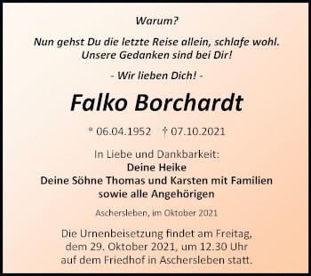 Traueranzeige von Falko Borchardt von Trauerkombi Aschersleben