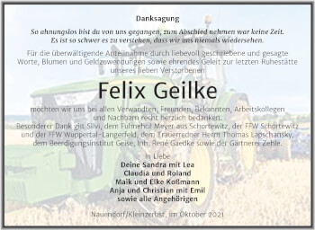 Traueranzeige von Felix Geilke von Trauerkombi Köthen