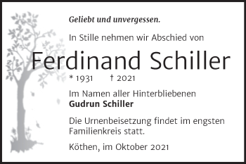 Traueranzeige von Ferdinand Schiller von Trauerkombi Köthen