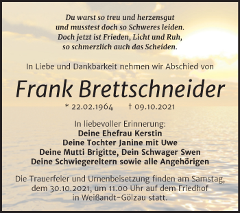 Traueranzeige von Frank Brettschneider von Trauerkombi Köthen