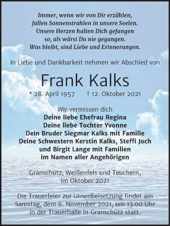 Traueranzeige von Frank Kalks von Trauerkombi Weißenfels