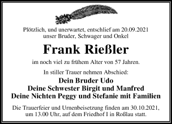 Traueranzeige von Frank Rießler von Trauerkombi Dessau