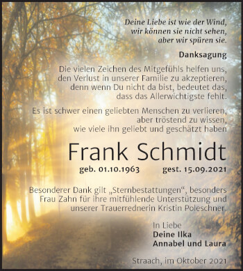 Traueranzeige von Frank Schmidt von Trauerkombi Wittenberg