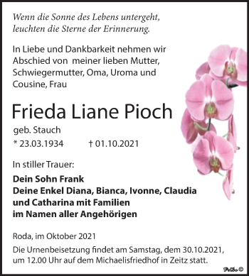 Traueranzeige von Frieda Liane Pioch von Trauerkombi Zeitz
