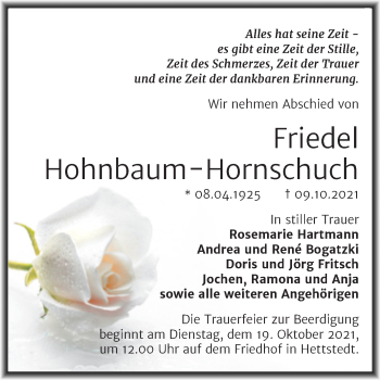 Traueranzeige von Friedel Hohnbaum-Hornschuch von Trauerkombi Mansfelder Land