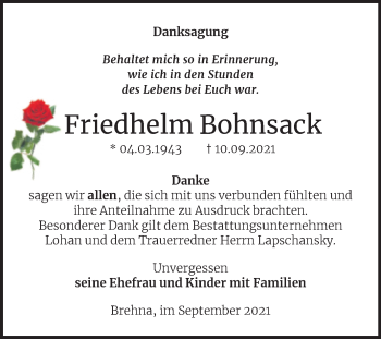 Traueranzeige von Friedhelm Bohnsack von Trauerkombi Bitterfeld