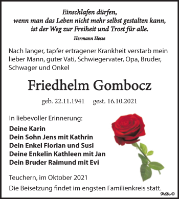 Traueranzeige von Friedhelm Gombocz von Trauerkombi Weißenfels