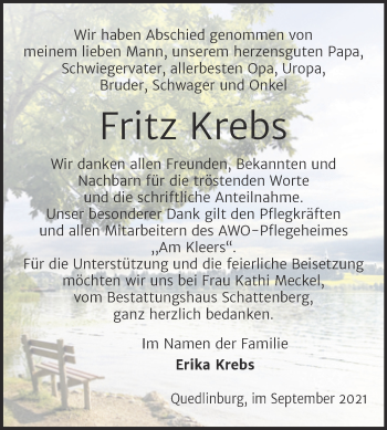 Traueranzeige von Fritz Krebs von Trauerkombi Quedlinburg