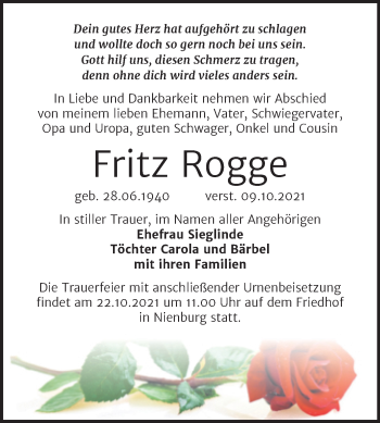 Traueranzeige von Fritz Rogge von Trauerkombi Bernburg