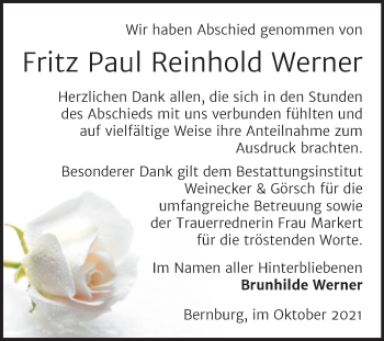 Traueranzeige von Fritz Paul Reinhold Werner von Trauerkombi Bernburg