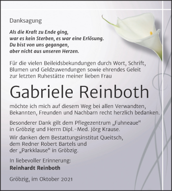 Traueranzeige von Gabriele Reinboth von Trauerkombi Köthen