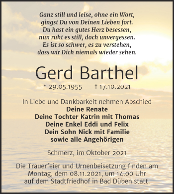 Traueranzeige von Gerd Barthel von Trauerkombi Bitterfeld
