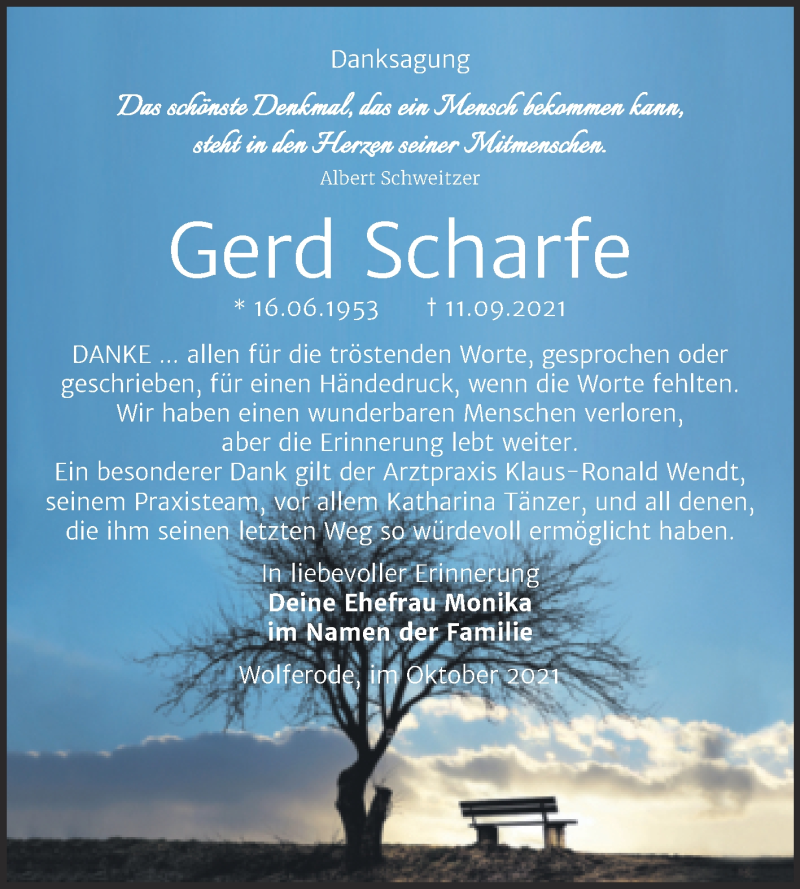  Traueranzeige für Gerd Scharfe vom 09.10.2021 aus Trauerkombi Mansfelder Land