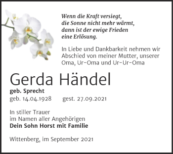 Traueranzeige von Gerda Händel von Trauerkombi Wittenberg