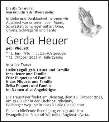 Traueranzeige von Gerda Heuer von Mitteldeutsche Zeitung Halle/Saalkreis