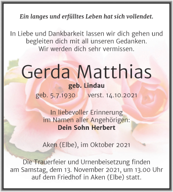 Traueranzeige von Gerda Matthias von Trauerkombi Köthen